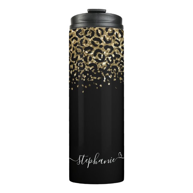 Gold Leopard Glitter Monogram Black Thermal Tumbler (Front)