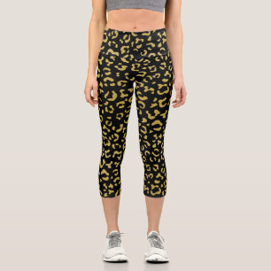Gold Leopard, Gold Glitter, Leopard Pattern Capri Leggings