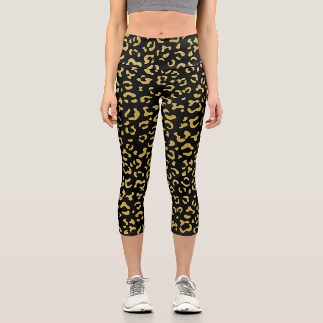 Gold Leopard, Gold Glitter, Leopard Pattern Capri Leggings (Front)