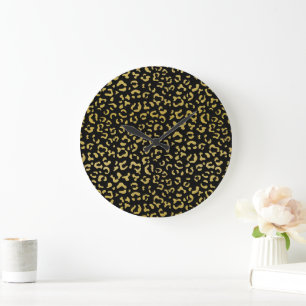 Gold Leopard, Gold Glitter, Leopard Pattern Large Clock