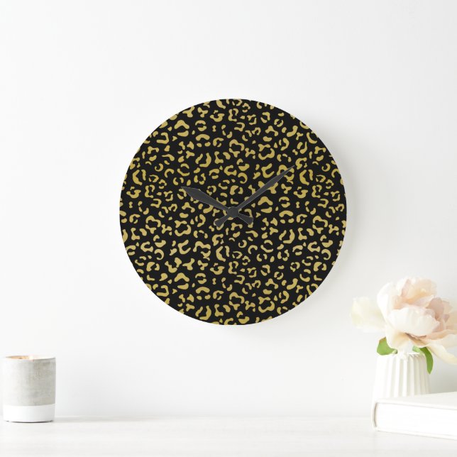 Gold Leopard, Gold Glitter, Leopard Pattern Large Clock (Home)