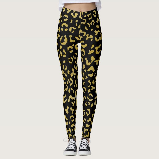 Gold Leopard, Gold Glitter, Leopard Pattern Leggings (Front)