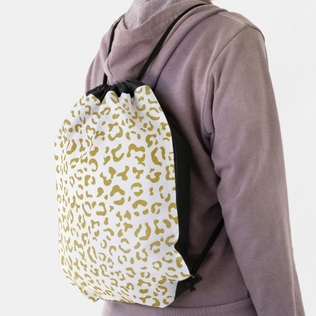Gold Leopard, Gold Glitter, Leopard Print Drawstring Bag (Insitu)