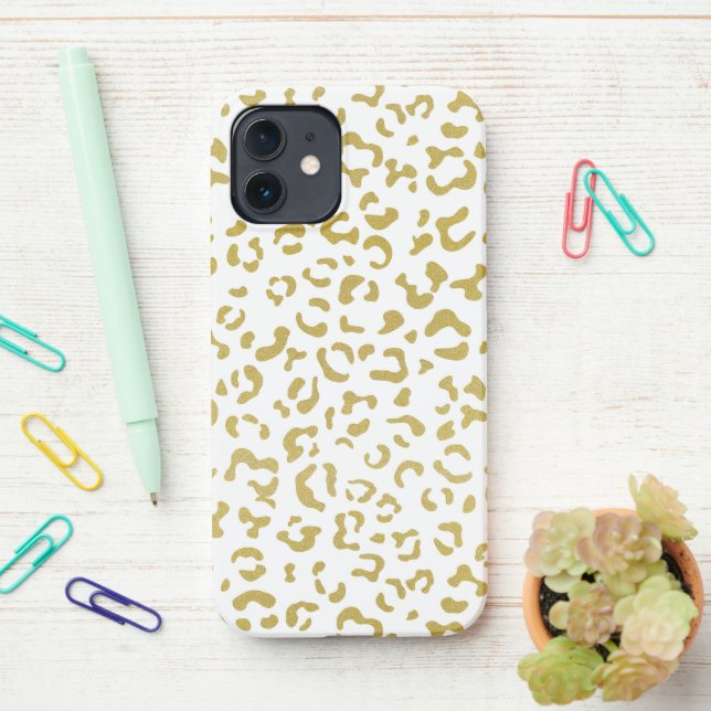 Gold Leopard, Gold Glitter, Leopard Print iPhone Case (On Desk)