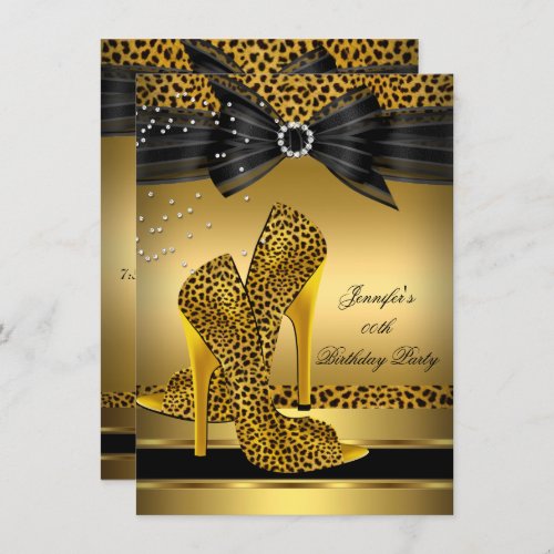 Gold Leopard High Heel Black Bow Birthday Party 2 Invitation