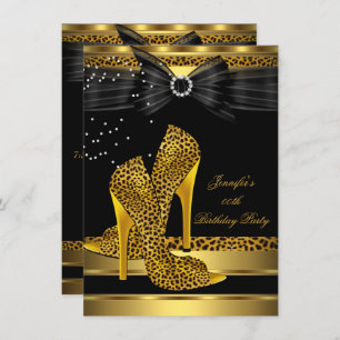 Gold Leopard High Heel Black Bow Birthday Party 3 Invitation