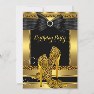 Gold Leopard High Heel Shoe Black Birthday Party 2 Invitation