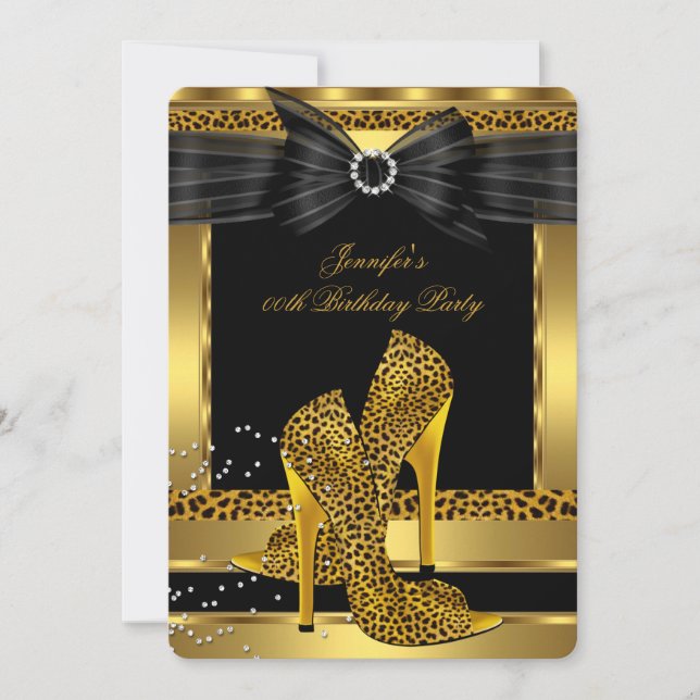 Gold Leopard High Heel Shoe Black Birthday Party 2 Invitation (Front)
