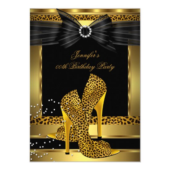 Gold Leopard High Heel Shoe Black Birthday Party Card