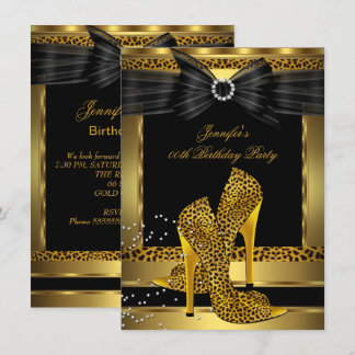 Gold Leopard High Heel Shoe Black Birthday Party Invitation