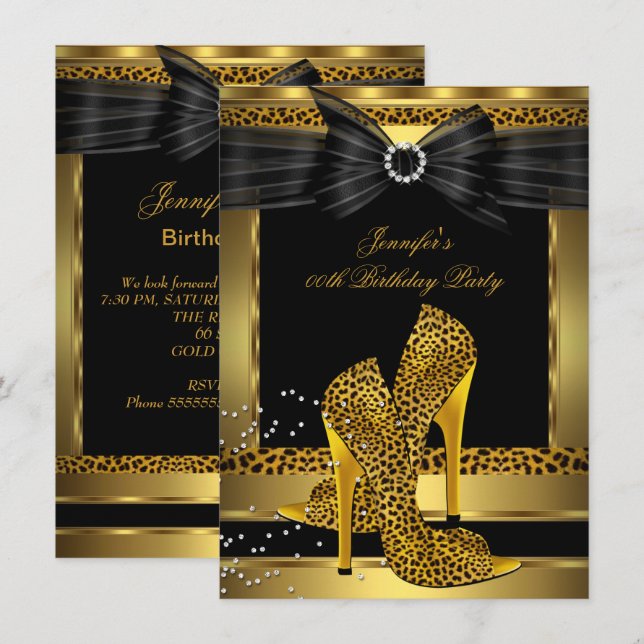 Gold Leopard High Heel Shoe Black Birthday Party Invitation (Front/Back)