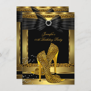 Gold Leopard High Heel Shoe Black Birthday Party Invitation