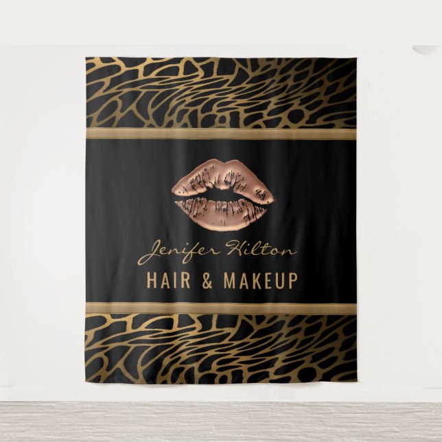 Gold leopard kissing lips contemporary tapestry (Front)