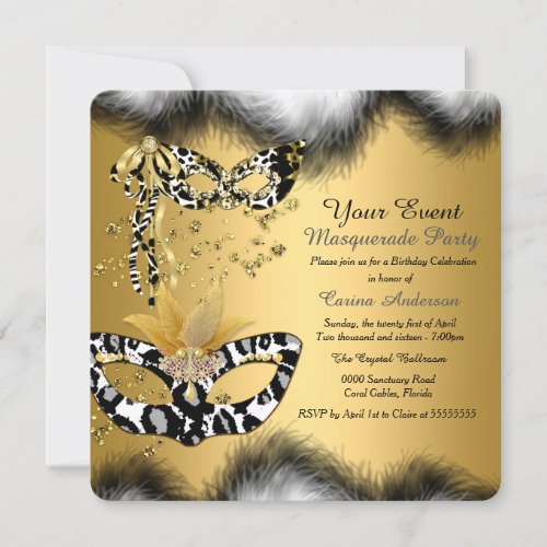 Gold Leopard Mask Black Masquerade Birthday Party Invitation