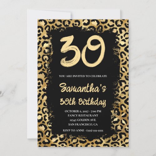 Gold Leopard Painted Black 30th Birthday Invitation