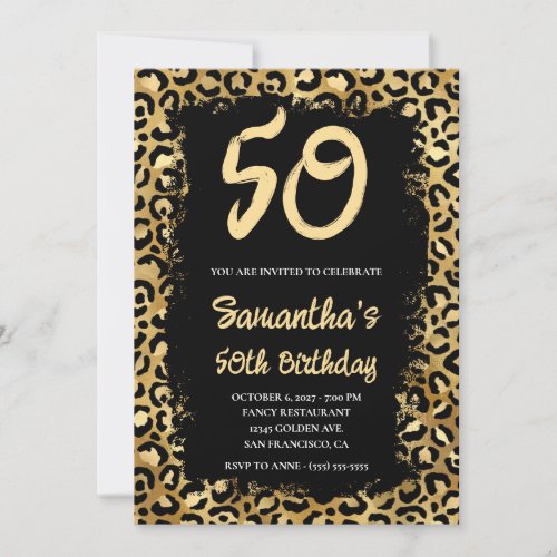 Gold Leopard Painted Black 50th Birthday Invitation