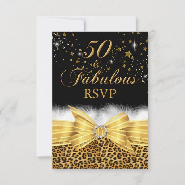 Gold Leopard Print & Bow 50 & Fabulous RSVP Invitation (Front)