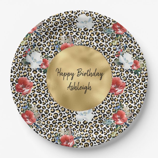 Gold Leopard Print Floral personalized Paper Plates (Front)
