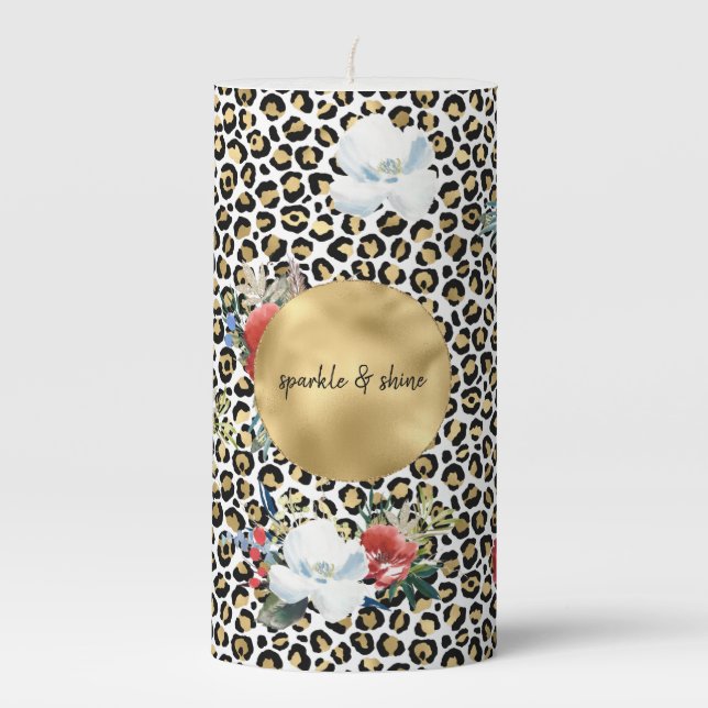 Gold Leopard Print Floral personalized quote Pillar Candle (Front)