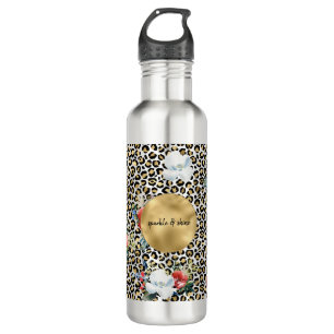 Gold Leopard Print Floral personalized quote Stainless Steel Water Bottle