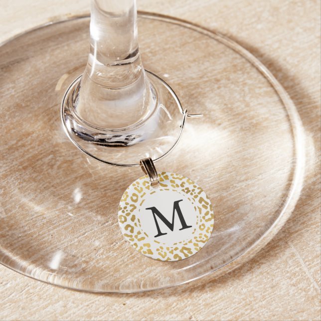 Gold Leopard Print Monogram Wine Glass Charm (In Situ)