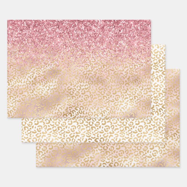 Gold Leopard Print Pink Glitter Glitz Wrapping Paper Sheets (Set)