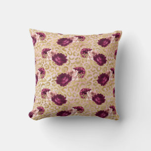 Gold Leopard Print Pink Roses Floral Throw Pillow