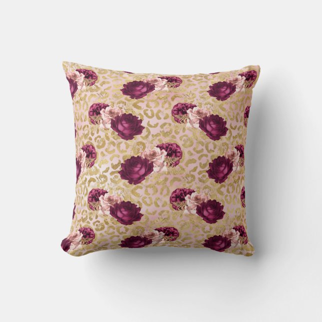 Gold Leopard Print Pink Roses Floral Throw Pillow (Front)