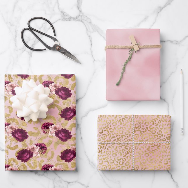 Gold Leopard Print Pink Roses Floral  Wrapping Paper Sheets (Front)