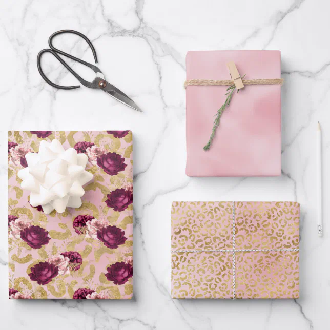 Gold Leopard Print Pink Roses Floral Wrapping Paper Sheets | Zazzle