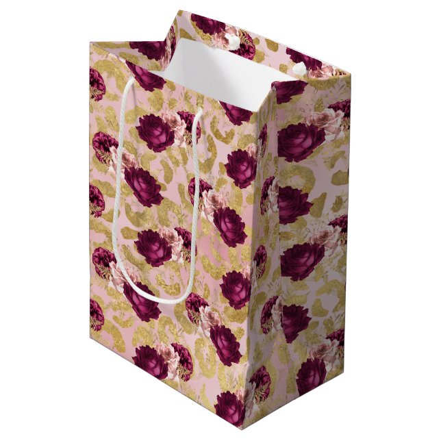 Gold Leopard Print Pink Roses Florals          Medium Gift Bag (Front Angled)