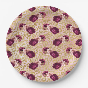 Gold Leopard Print Pink Roses Florals Paper Plates