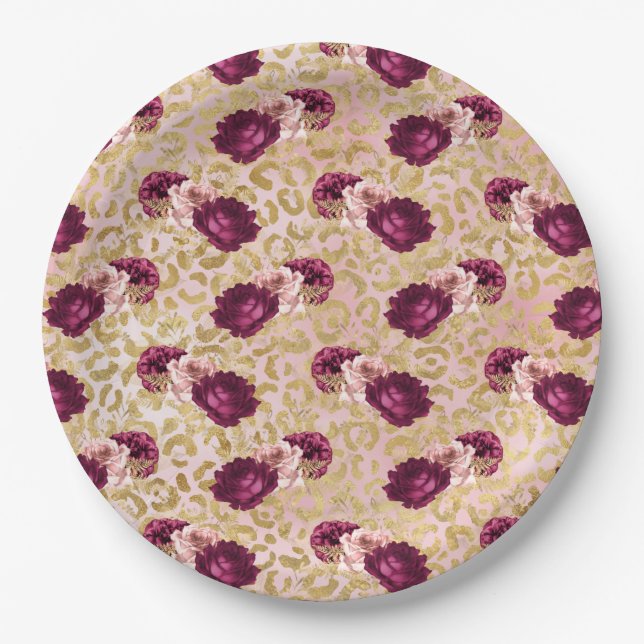 Gold Leopard Print Pink Roses Florals         Paper Plates (Front)