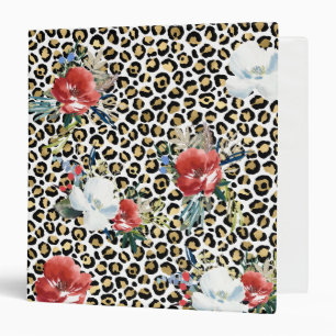 Gold Leopard Print Red White Floral 3 Ring Binder