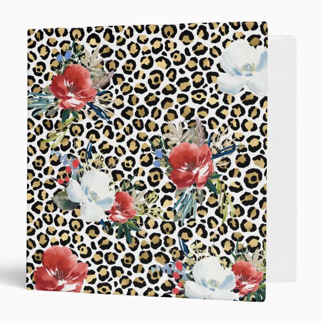 Gold Leopard Print Red White Floral 3 Ring Binder (Front/Inside)