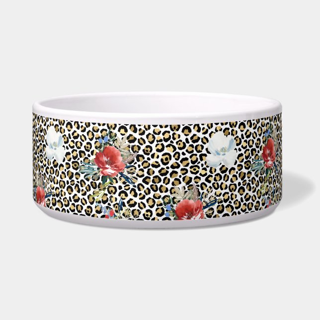 Gold Leopard Print Red White Floral Bowl (Front)