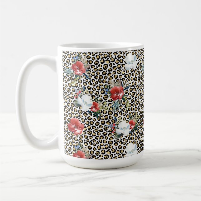 Gold Leopard Print Red White Floral Coffee Mug (Left)