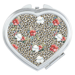 Gold Leopard Print Red White Floral Compact Mirror
