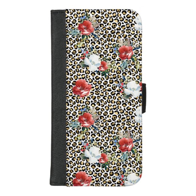 Gold Leopard Print Red White Floral iPhone Wallet Case (Front)