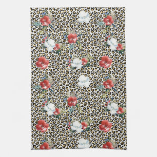Gold Leopard Print Red White Floral Kitchen Towel