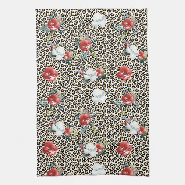 Gold Leopard Print Red White Floral Kitchen Towel (Vertical)