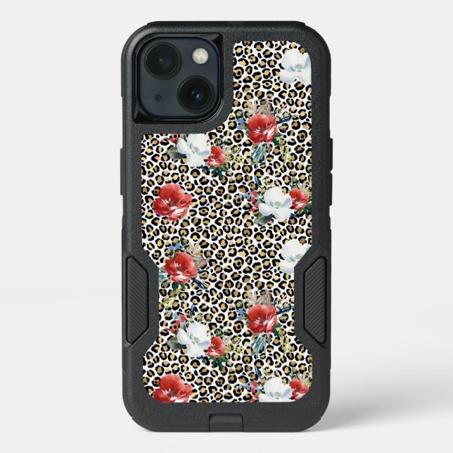 Gold Leopard Print Red White Floral Otterbox iPhone Case (Back)