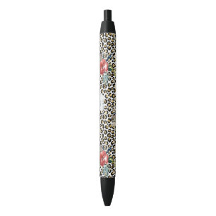 Gold Leopard Print Red White Floral Pen