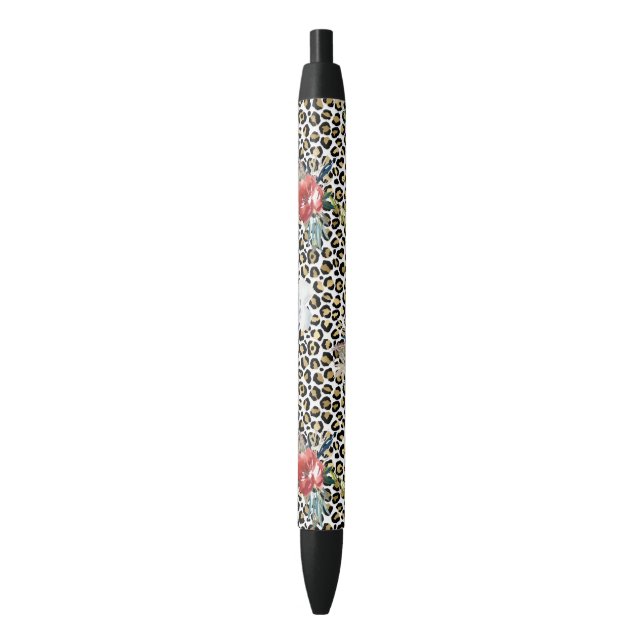 Gold Leopard Print Red White Floral Pen (Front Vertical)