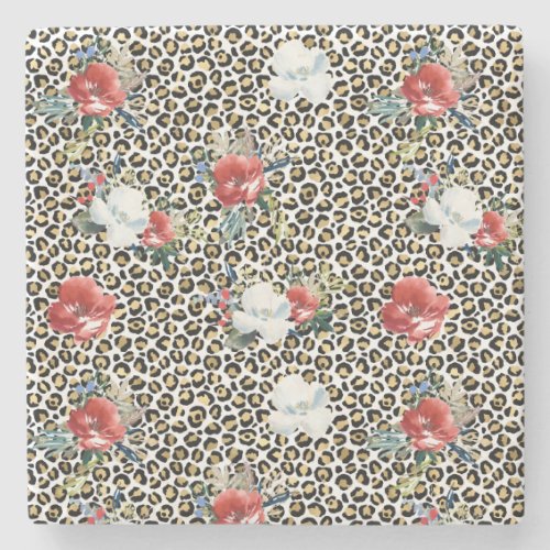 Gold Leopard Print Red White Floral Stone Coaster