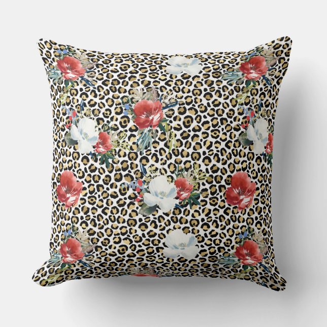 Gold Leopard Print Red White Floral Throw Pillow (Front)