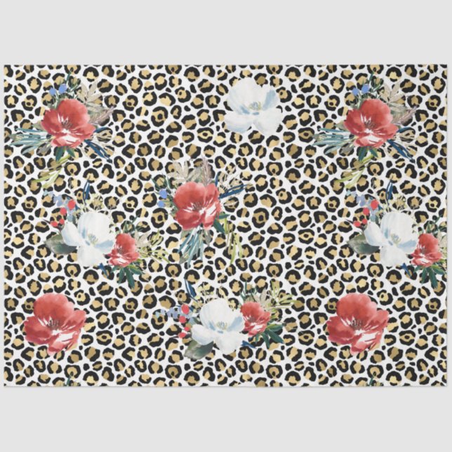 Gold Leopard Print Red White Floral Tissue Paper (Front)