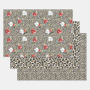 Gold Leopard Print Red White Floral Wrapping Paper Sheets
