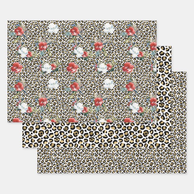 Gold Leopard Print Red White Floral Wrapping Paper Sheets (Set)