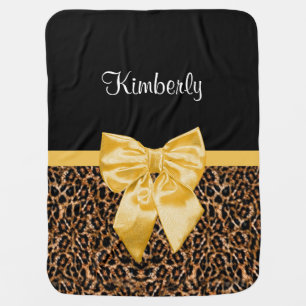 Gold Leopard Print With Pretty Glam Black Bow  Baby Blanket